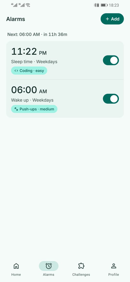 The Awake alarm list: an 11:22 PM sleep-time alarm tagged coding, easy, and a 06:00 AM weekday alarm tagged push-ups, medium.