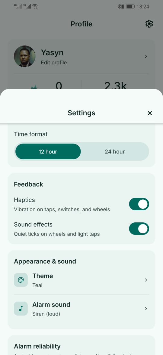 The settings sheet with a 12 and 24 hour time format switch, haptics and sound effect toggles, theme and alarm sound rows, and an alarm reliability section.