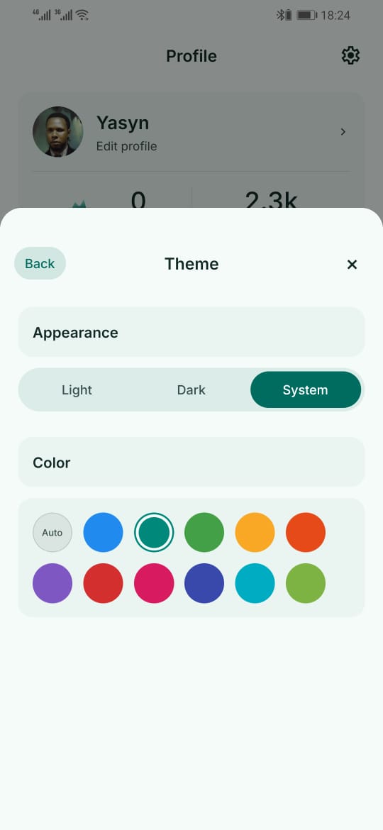 The theme sheet with light, dark and system appearance options, and a palette of twelve seed colours with teal selected.